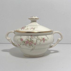 1940s Pope-Gosser Jean Pattern Rose Garland Gold Trim Lidded 10 oz Sugar Bowl